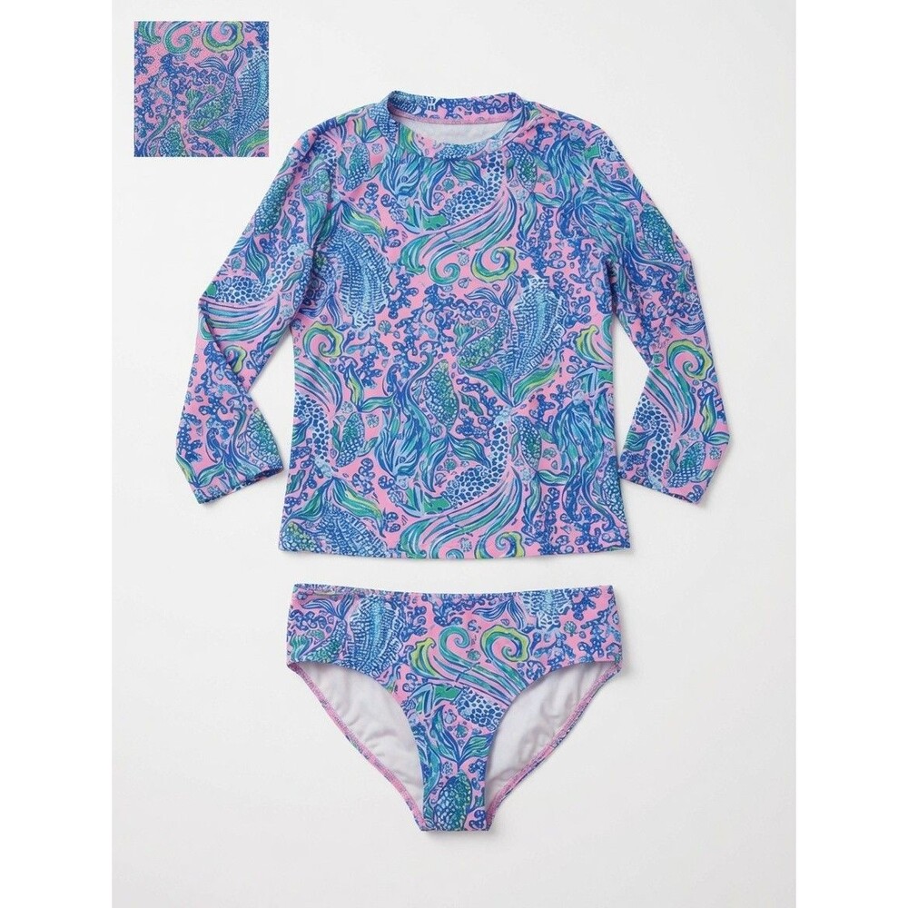 Lilly Pulitzer Swim Suit Girls 14 Rashguard 2 Piece L/S Pink Blue Green UPF50 EU
